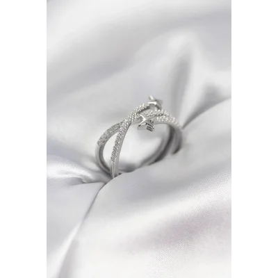 BUĞZ Gümüş Renk Zirkon Taşlı Halley Model Kadın Yüzük