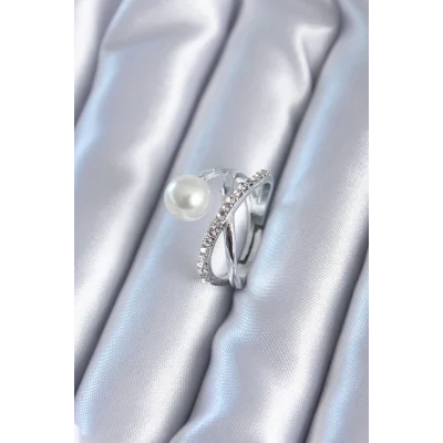 BUĞZ Gümüş Renk Zirkon Taşlı İncili Kadın Yüzük