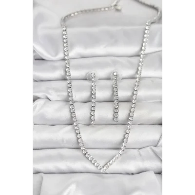 BUĞZ Gümüş Renk Zirkon Taşlı Kadın Kolye Küpe Seti