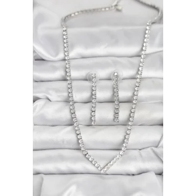 BUĞZ Gümüş Renk Zirkon Taşlı Kadın Kolye Küpe Seti - Lisinya