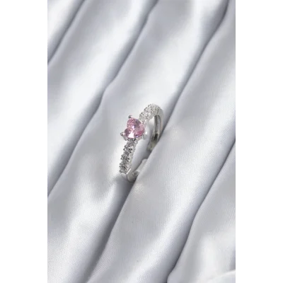 BUĞZ Gümüş Renk Zirkon Taşlı Pembe Kristal Kalp Model Kadın Yüzük