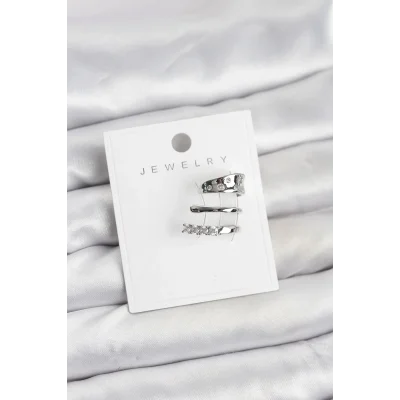 BUĞZ Gümüş Renk Zirkon Taşlı Pirinç Kıkırdak Küpe