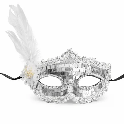 BUĞZ Gümüş Tüylü Payetli Lüks Taşlı Parti Maskesi