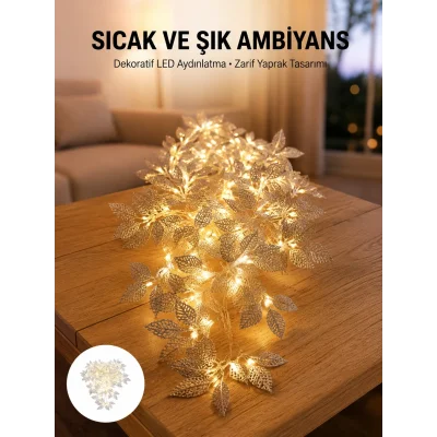 BUĞZ Gümüş Yaprak Tasarımlı LED Işık Pilli Ev ve Vitrin Dekoru