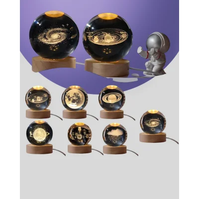 BUĞZ Gün Işığı LED’li 3D Kristal Galaksi Küre Ahşap Tabanlı Dekoratif Lamba - Lisinya