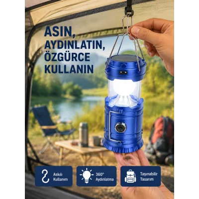 BUĞZ Güneş Enerjili Katlanabilir Kızaklı Kamp Feneri – USB Şarjlı, Çok Yönlü ve Dayanıklı Tasarım