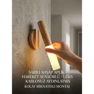 BUĞZ Günışığı LED Şarjlı Duvar Aplik Ahşap Renk Hareket Sensörlü Kablosuz Lüks Lamba Modeli