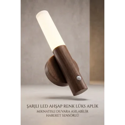 BUĞZ Günışığı Şarjlı LED Ahşap Renk Duvar Aplik Hareket Sensörlü Kablosuz Lüks Lamba Modeli