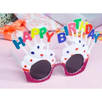 BUĞZ Happy Birthday Yazılı Beyaz Fuşya Renk Parti Gözlüğü 12x7 cm