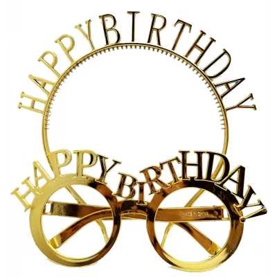  Happy Birthday Yazılı Taç ve Happy Birthday Yazılı Gözlük Seti Altın Renk