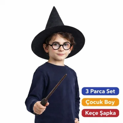 BUĞZ Harry Potter Tarzı Çocuk Seti (siyah Keçe Şapka, Asa, Gözlük)