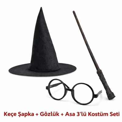 BUĞZ Harry Potter Tarzı Çocuk Seti (siyah Keçe Şapka, Asa, Gözlük) - BUĞZ