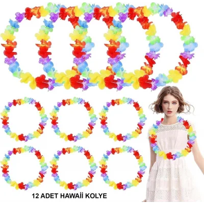 BUĞZ Hawaii Çiçekli Boyun Kolyesi - Renkli Tropikal Parti Leisi 12 Adet