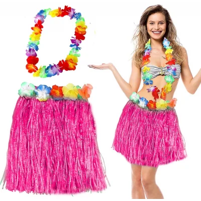 BUĞZ Hawaii Luau Aloha Pembe Püsküllü 40 cm Etek ve Hawaii Kolye Seti