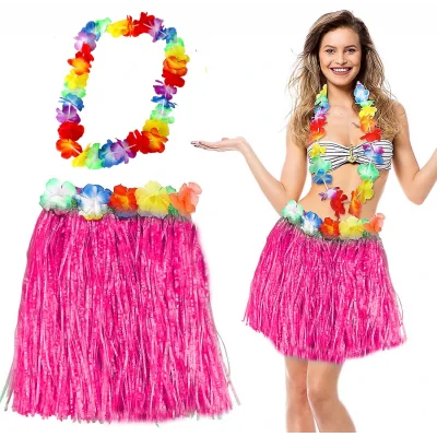 BUĞZ Hawaii Luau Aloha Pembe Püsküllü 40 cm Etek ve Hawaii Kolye Seti