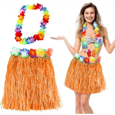 BUĞZ Hawaii Luau Aloha Turuncu Püsküllü 40 cm Etek ve Hawaii Kolye Seti