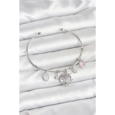BUĞZ Hayat Ağacı Charmlı Gümüş Renk Pirinç Kadın Bileklik