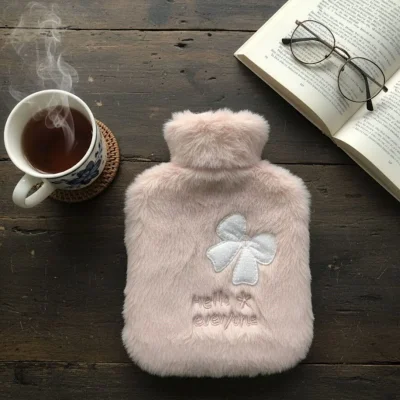 BUĞZ Hello Everyone Yazılı Kurdeleli Pembe Peluş Sıcak Su Torbası 1 Lt – Yumuşak Kılıf, Uzun Süre Sıcak Tutan Termal Su Torbası
