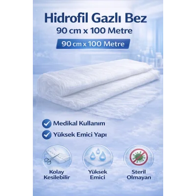 BUĞZ Hidrofil Gazlı Bez 90 cm x 100 Metre Medikal Emici Steril Olmayan Gazlı Bez Rulo