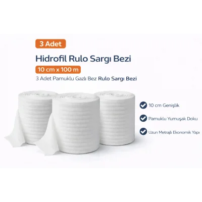 BUĞZ Hidrofil Rulo Sargı Bezi 10 cm x 100 m 3 Adet Pamuklu Gazlı Bez Rulo Sargı Bezi