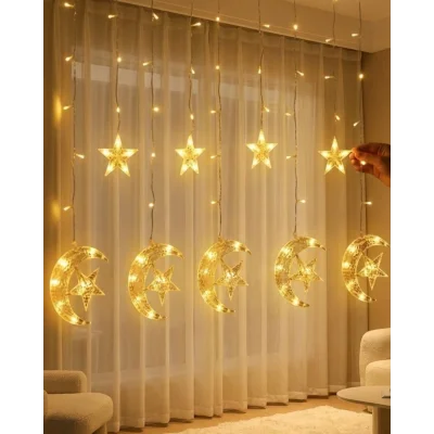 BUĞZ Hilal Yıldız Perde LED Işık 2 Modlu Sıcak Beyaz Dekoratif Aydınlatma