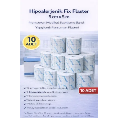 BUĞZ Hipoalerjenik Fix Flaster 5 cm x 5 m 10 Adet Nonwoven Medikal Sabitleme Bandı Yapışkanlı Pansuman Flasteri