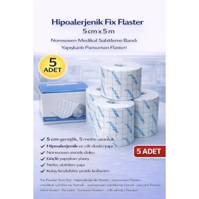 BUĞZ Hipoalerjenik Fix Flaster 5 cm x 5 m 5 Adet Nonwoven Medikal Sabitleme Bandı Yapışkanlı Pansuman Flasteri