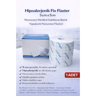 BUĞZ Hipoalerjenik Fix Flaster 5 cm x 5 m Nonwoven Medikal Sabitleme Bandı Yapışkanlı Pansuman Flasteri