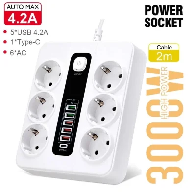 BUĞZ Hp-h04 3000w 10amper 6’lı 2metre Uzatma Kablolu Çoklu Termal Akım Priz