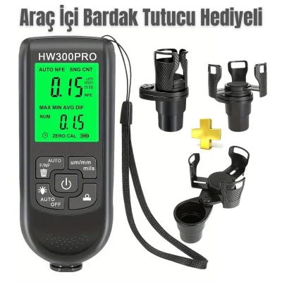 BUĞZ Hw-300pro Oto Boya Kalınlık Ölçer Fe Nfe 2000µm + 2 Fonksiyonlu Bardak Tutucu Hediyeli