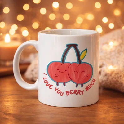 BUĞZ I Love You Berry Much Tasarımlı Kupa Model 12 Sevimli Kiraz Desenli Porselen Kahve Kupası - Hediye Fincanı