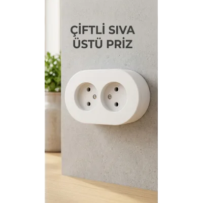 BUĞZ İkili Beyaz Topraklı Priz Modern Sıva Üstü Tasarım Duvar Elektrik Prizi