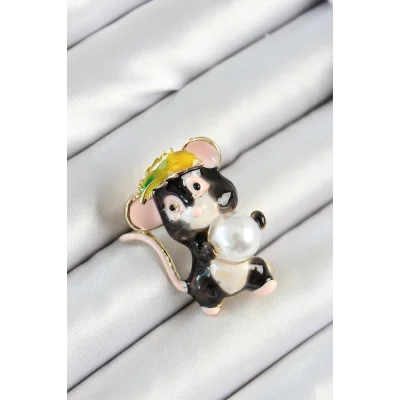 BUĞZ İnci Detaylı Siyah Ve Pembe 3D Sevimli Fare Figürlü Gold Renk Kadın Broş