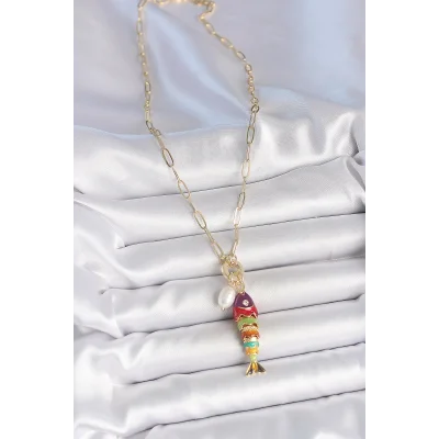 BUĞZ İnci Detaylı Zirkon Taşlı Rainbow Balık Figürlü Gold Renk Pirinç Kolye - BUĞZ