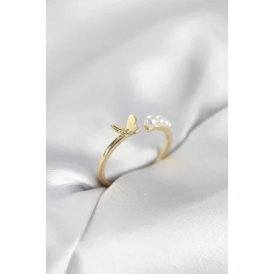 BUĞZ İncili Kelebek Model Gold Renk Pirinç Kadın Yüzük