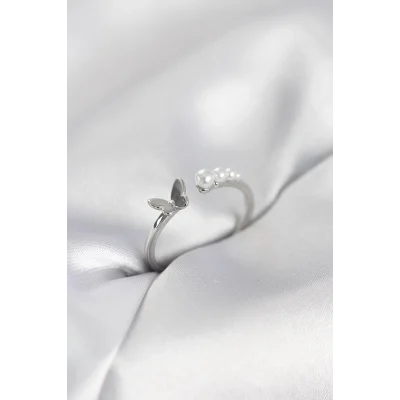 BUĞZ İncili Kelebek Model Gümüş Renk Pirinç Kadın Yüzük