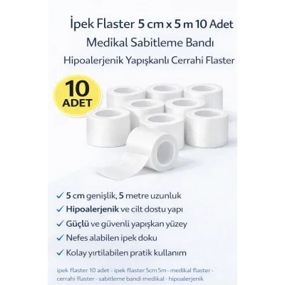 BUĞZ İpek Flaster 5 cm x 5 m 10 Adet Medikal Sabitleme Bandı Hipoalerjenik Yapışkanlı Cerrahi Flaster