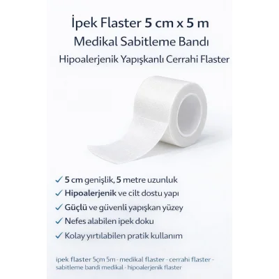 BUĞZ İpek Flaster 5 cm x 5 m Medikal Sabitleme Bandı Hipoalerjenik Yapışkanlı Cerrahi Flaster