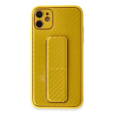 BUĞZ İphone 12 Kılıf Coco Karbon Standlı Kapak - Sarı