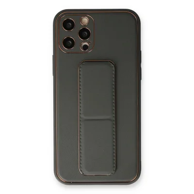 BUĞZ İphone 12 Pro Kılıf Coco Deri Standlı Kapak - Füme