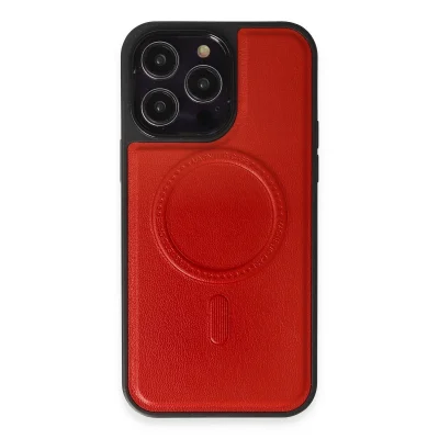 BUĞZ İphone 13 Pro Max Kılıf Ozzi Magsafe Deri Kapak - Kırmızı