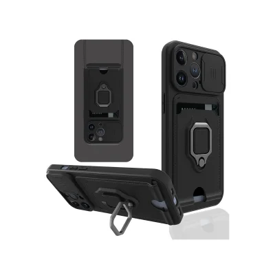 BUĞZ İphone 14 Pro Kılıf Zuma Kartvizitli Yüzüklü Silikon - Siyah