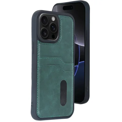BUĞZ İphone 14 Pro Max Kılıf Sara Kartvizitli Deri Kılıf - Koyu Yeşil