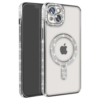 BUĞZ İphone 15 Kılıf Joke Simli Magneticsafe Kılıf - Gümüş