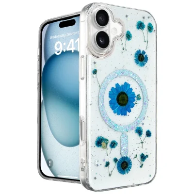 BUĞZ İphone 16 Kılıf Daisy Simli Magsafe Kapak - Mavi