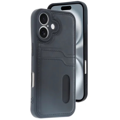 BUĞZ İphone 16 Kılıf Sara Kartvizitli Deri Kılıf - Siyah