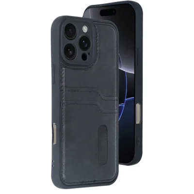 BUĞZ İphone 16 Pro Kılıf Sara Kartvizitli Deri Kılıf - Siyah
