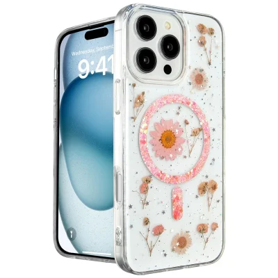 BUĞZ İphone 16 Pro Max Kılıf Daisy Simli Magsafe Kapak - Pembe