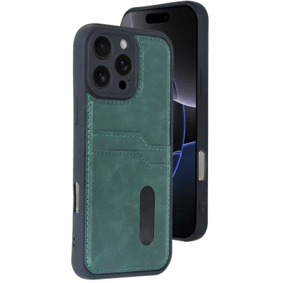 BUĞZ İphone 16 Pro Max Kılıf Sara Kartvizitli Deri Kılıf - Koyu Yeşil
