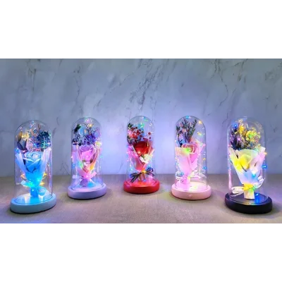 BUĞZ Işıklı Müzikli Cam Fanus İçinde Lavantalı Romantik Gül